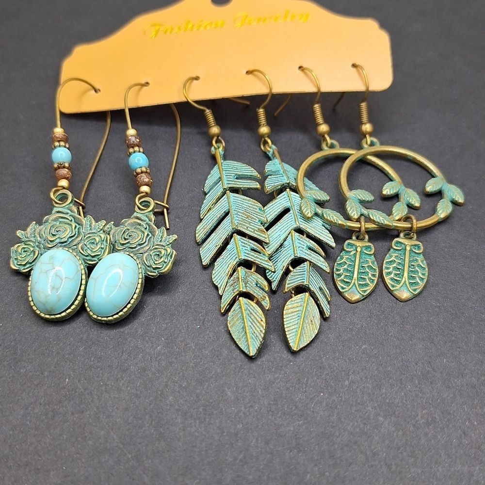 Turquoise bronze rose leaf Owl hoop earrings